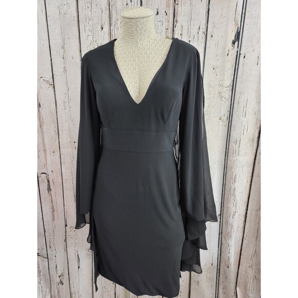 BF Women's Size 4 Dalia MacPhee Black Shear Caped Long Sleeve Sheath Dress $260! - Picture 3 of 15